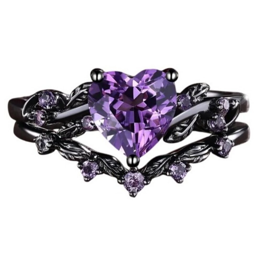Heart Cut Amethyst & Moissanite 2 piece engagement wedding ring set in rhodium